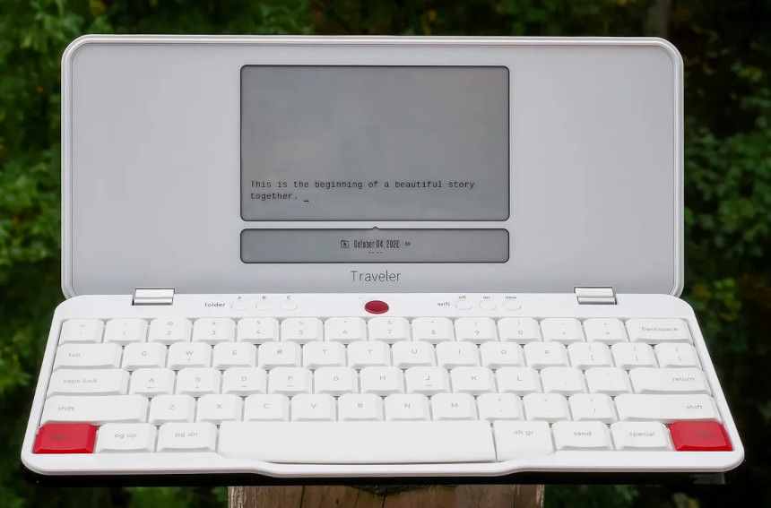 a small keyboard-shaped, laptop style clamshell e-ink writing device